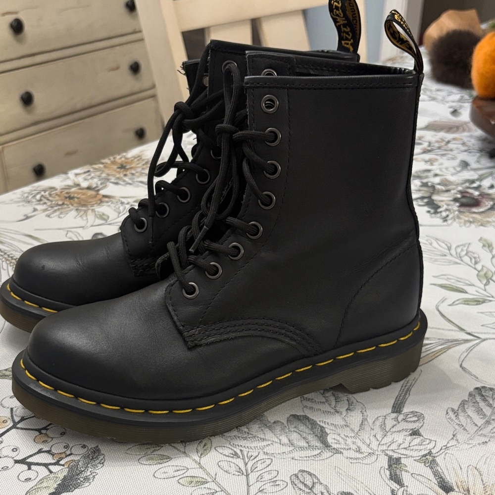 Dr. Martens Black Leather Boots with Yellow Accents